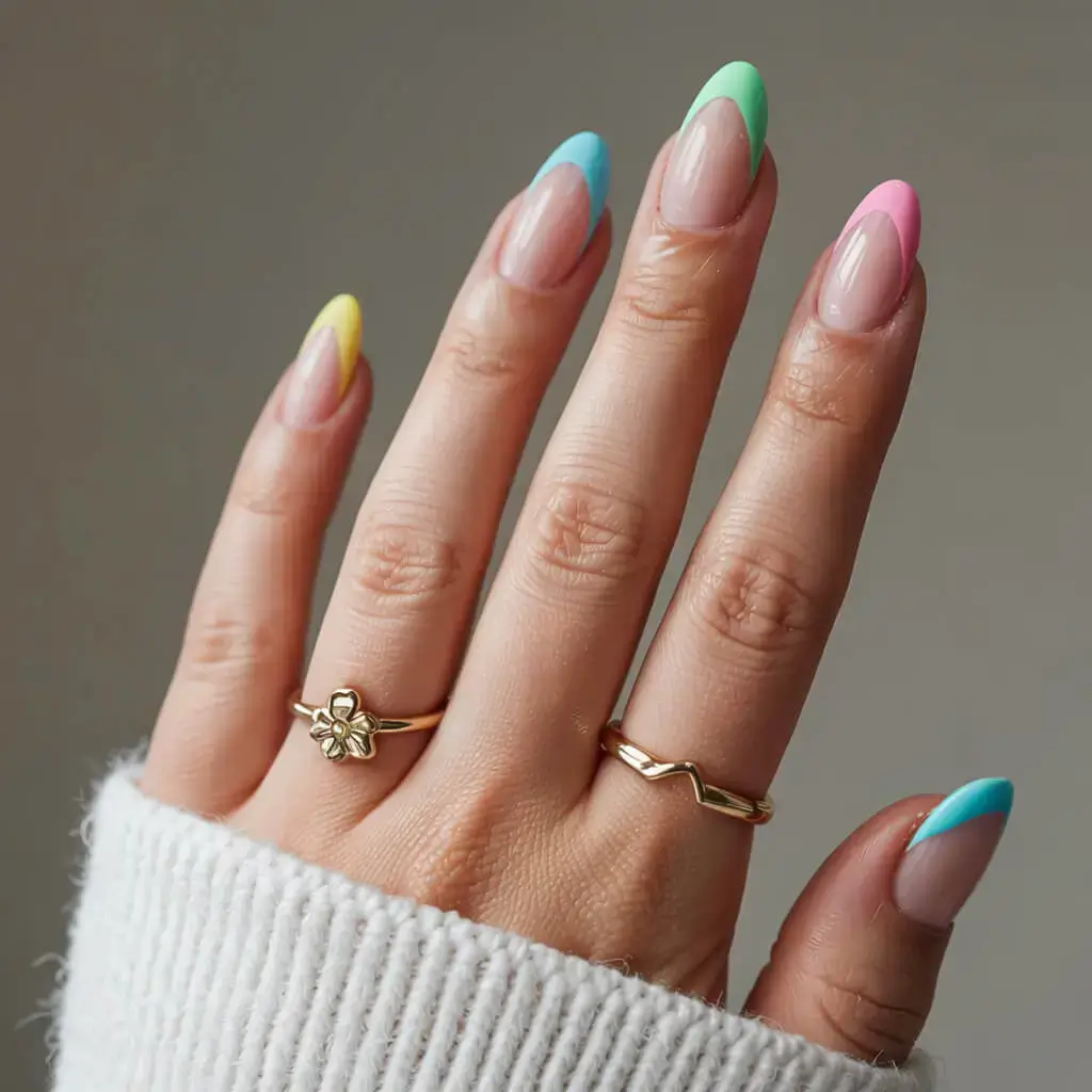 april nails colours spring 2026 Pastel French Tips in Rainbow Spring Shades