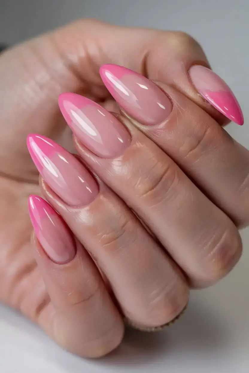 april nails colours spring 2026 Glossy Pink Ombre Almond Nails