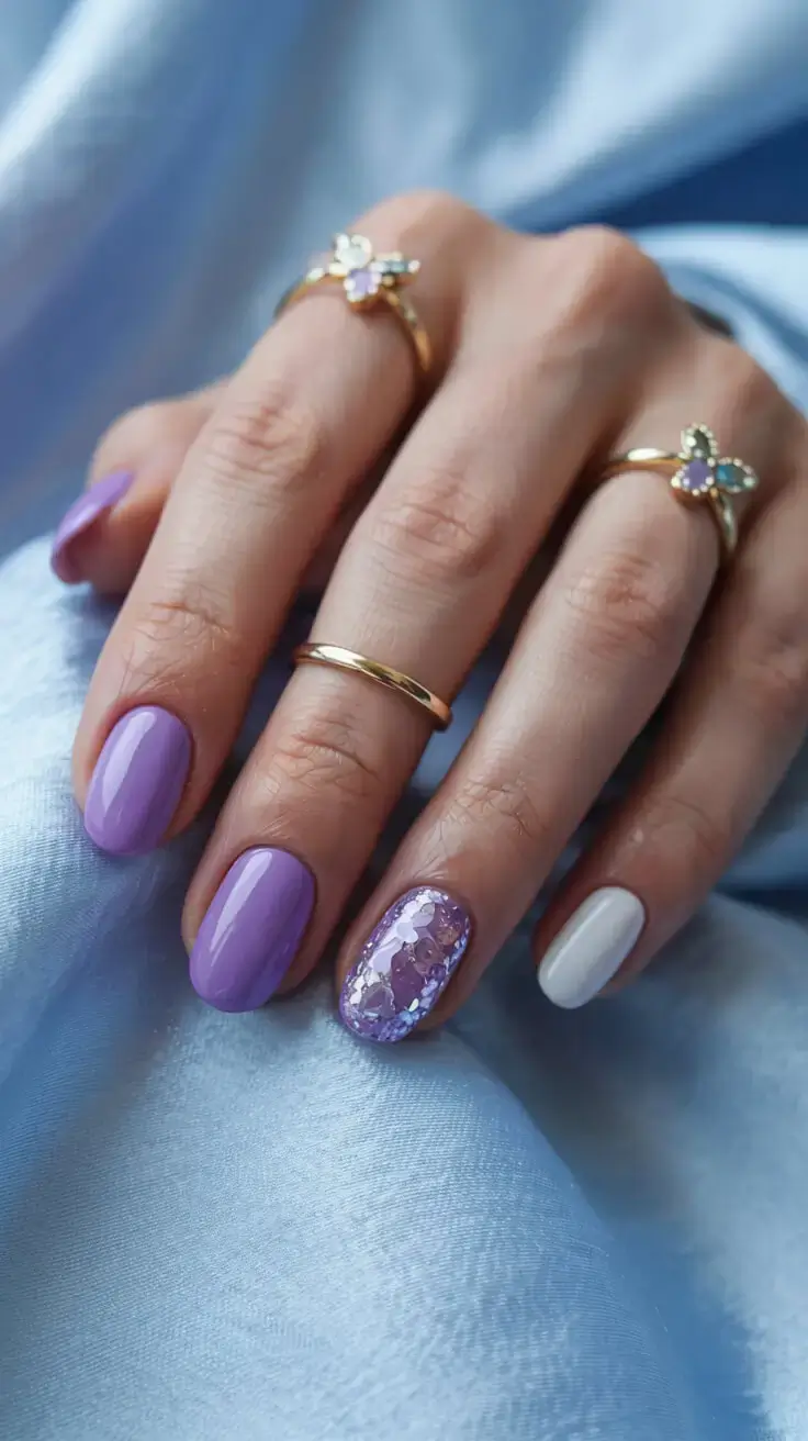 april nails colours spring 2026 Lavender Accent with Sparkling Texture