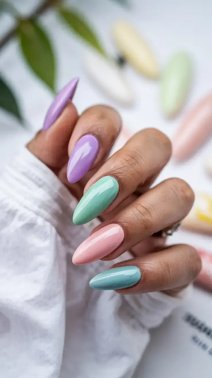 april nails ideas spring 2026 Glossy Pastel Mix Nails for a Playful Spring Mood