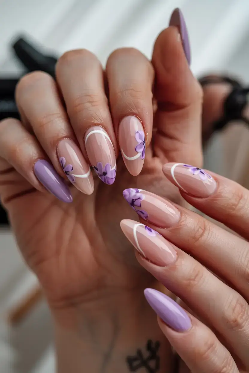 april nails ideas spring 2026 Lavender Petal French Nails with Soft Botanical Accents