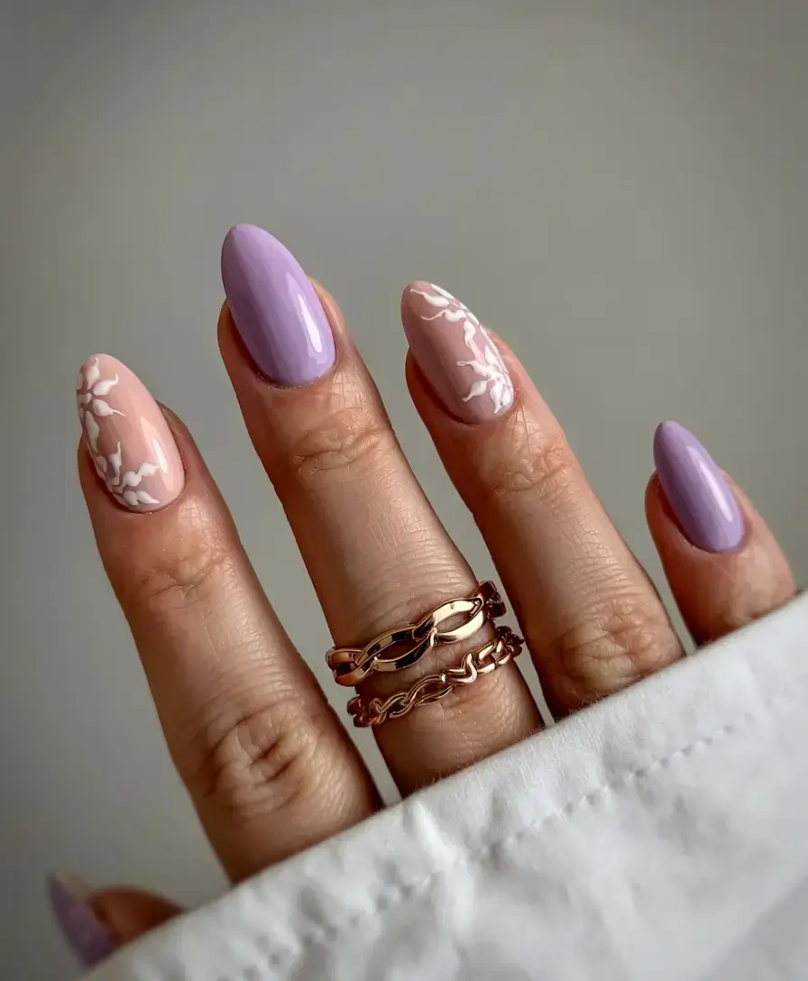 april nails ideas spring 2026 Minimal Lavender Nails with Delicate White Botanical Art