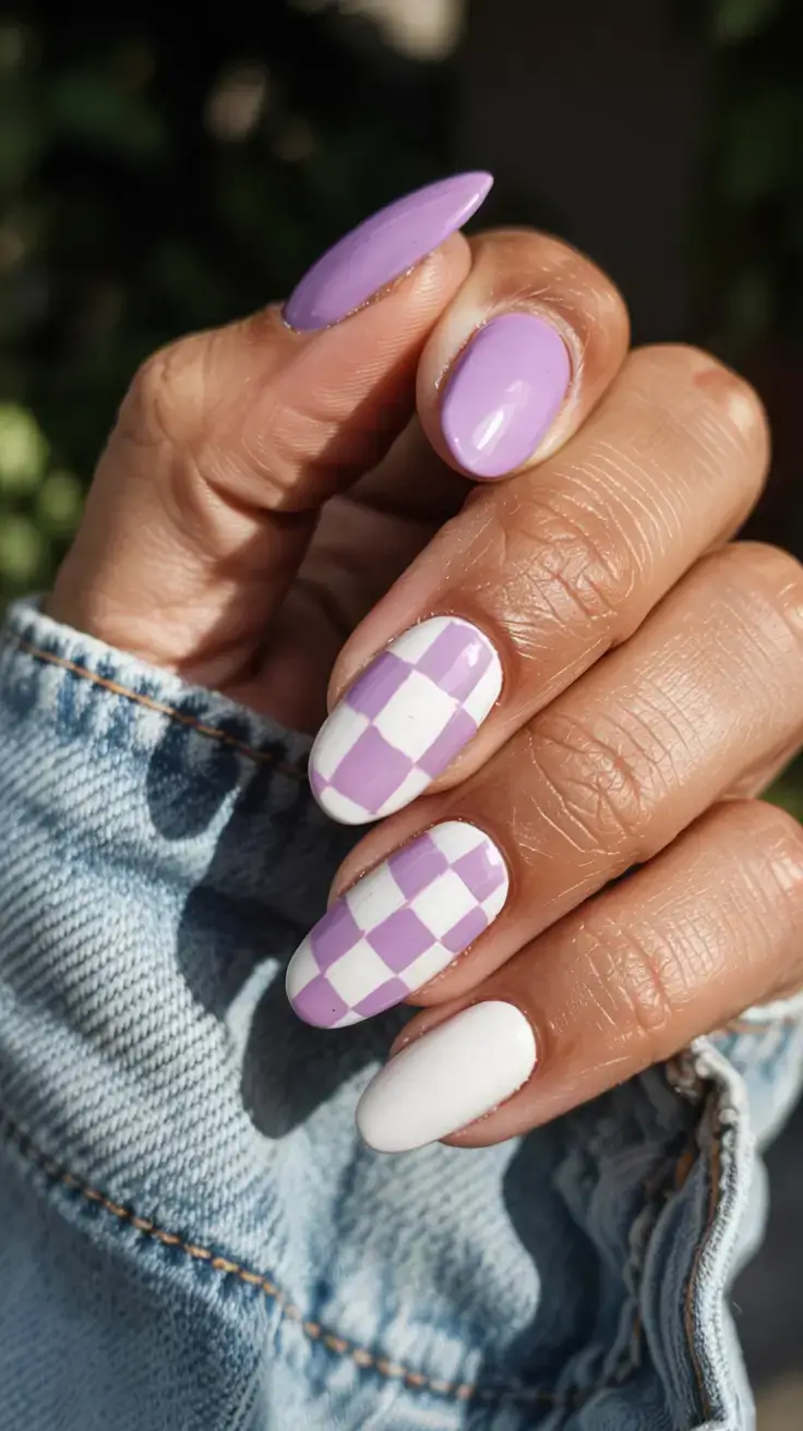 april nails ideas spring 2026 Retro Lilac Checkerboard Nails for a Playful April Look