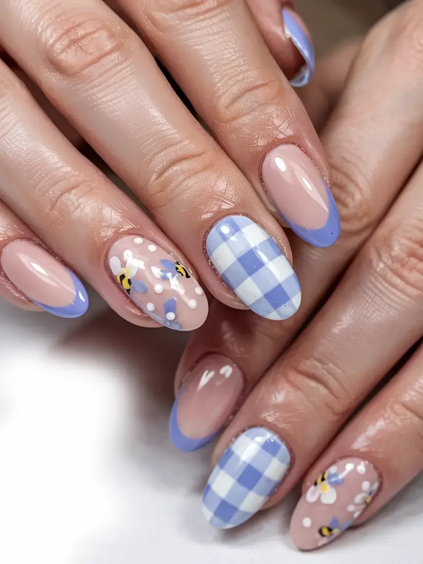 april nails ideas spring 2026 Blue Gingham and Bee Accent Nails with Soft French Edges