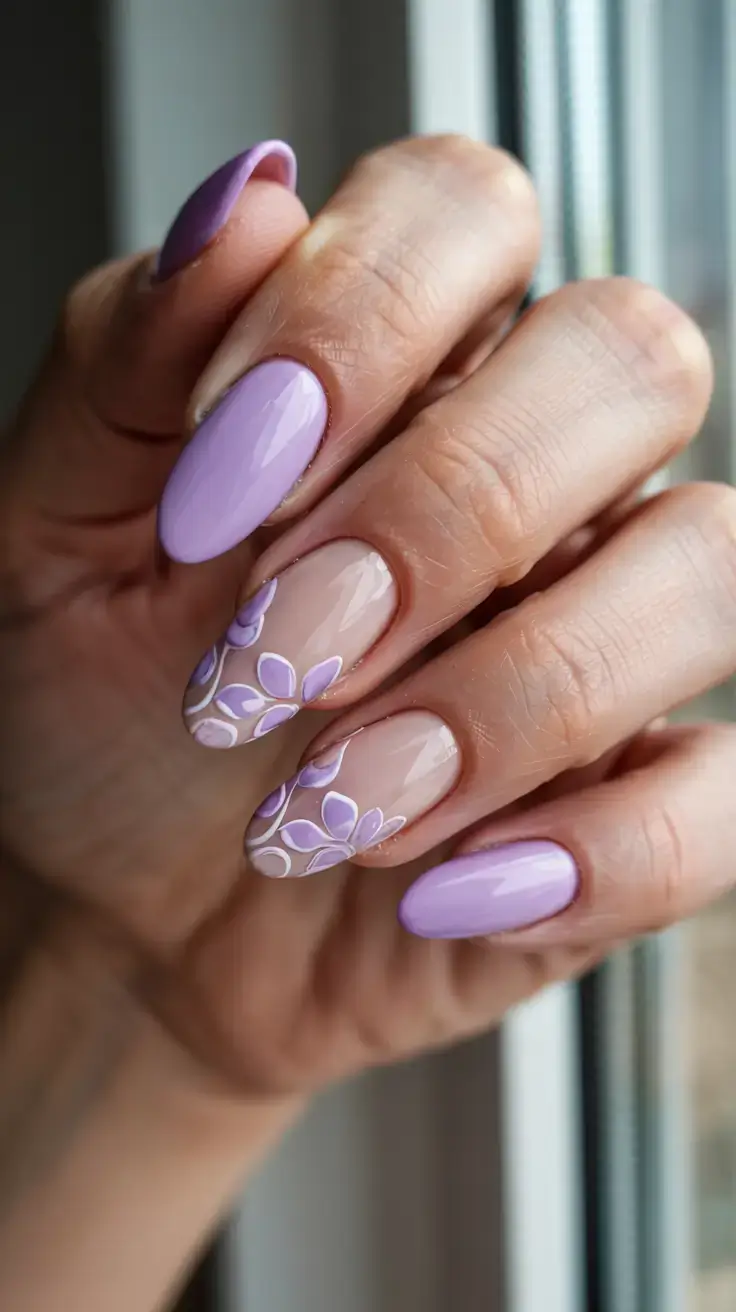 april nails ideas spring 2026 Lavender Blossom Accent Nails with Glossy Lilac Base