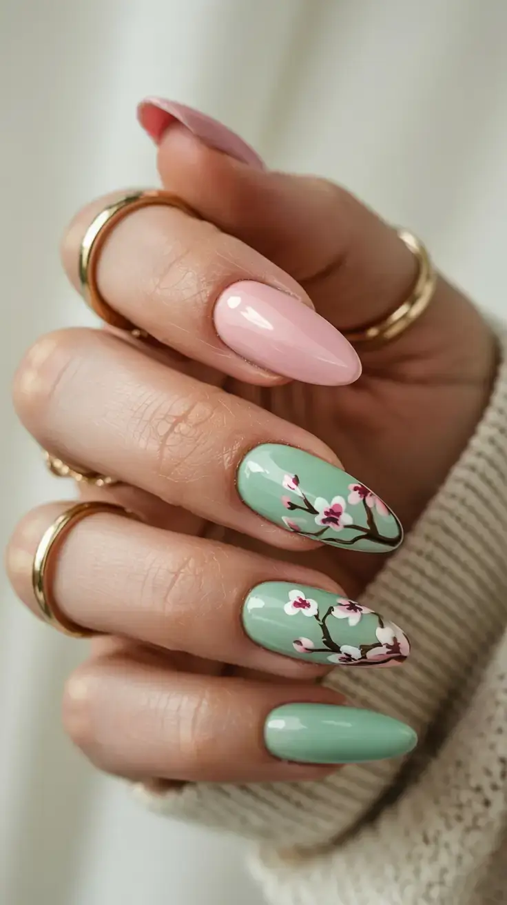 april nails ideas spring 2026 Sage Green Floral Nails with Cherry Blossom Branch Detail