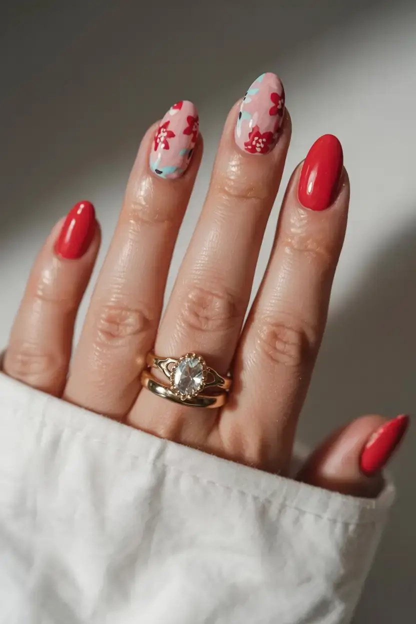april nails ideas spring 2026 Cherry Blossom Almond Nails with a Bold Red Spring Twist