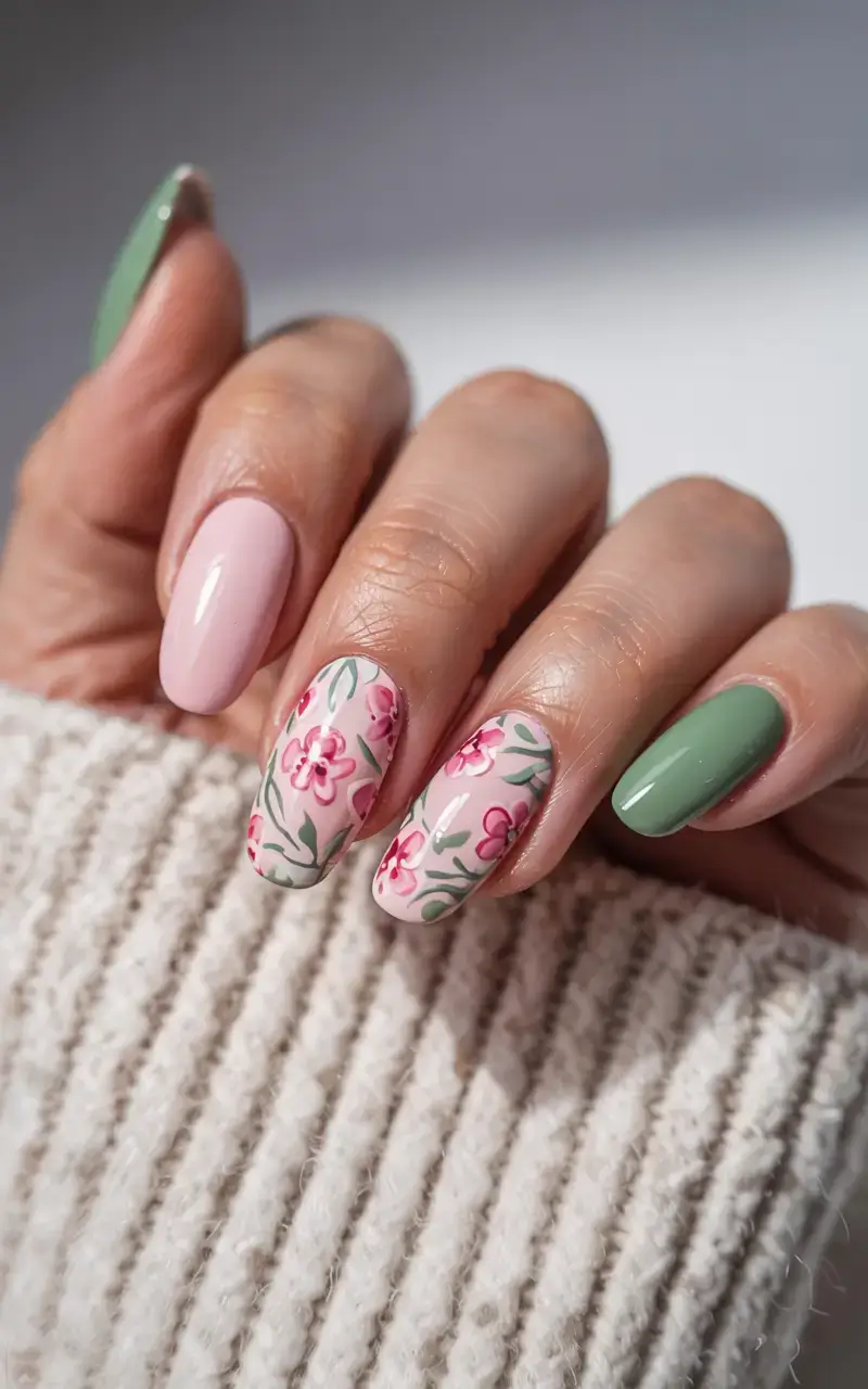 april nails ideas spring 2026 Soft Botanical Garden Nails with Pink Florals and Sage Green