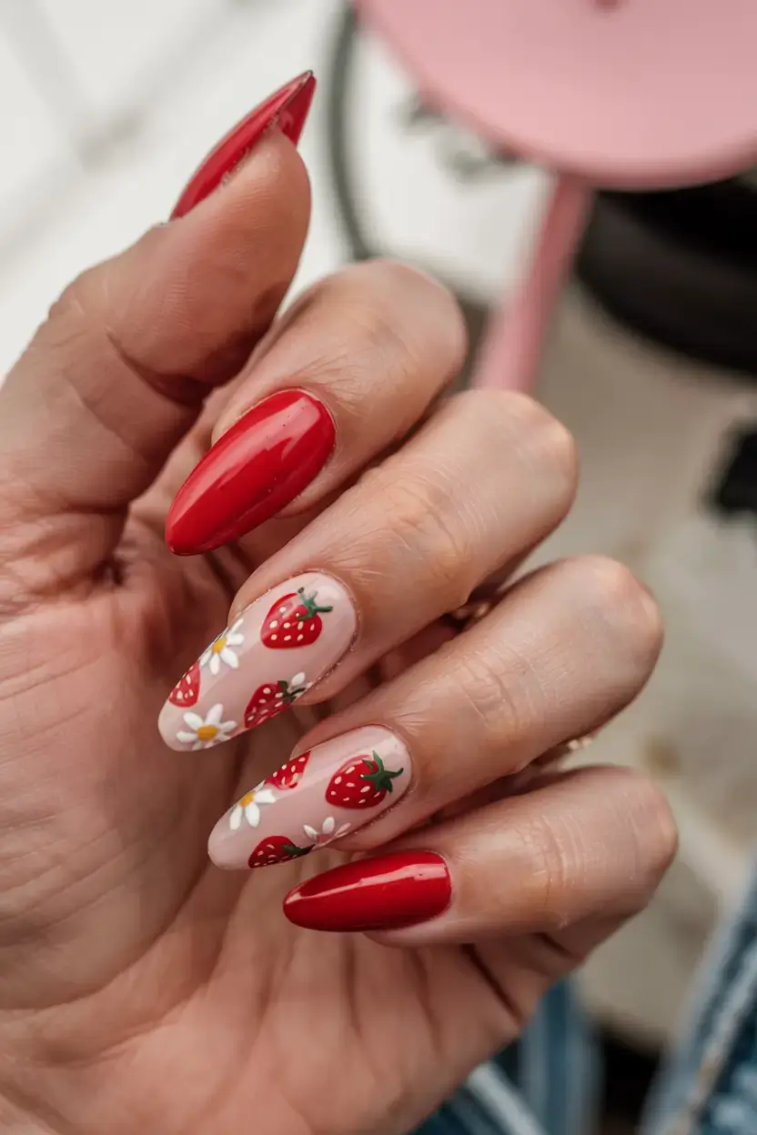 april nails ideas spring 2026 Playful Strawberry and Daisy Nails for a Sweet Spring Look