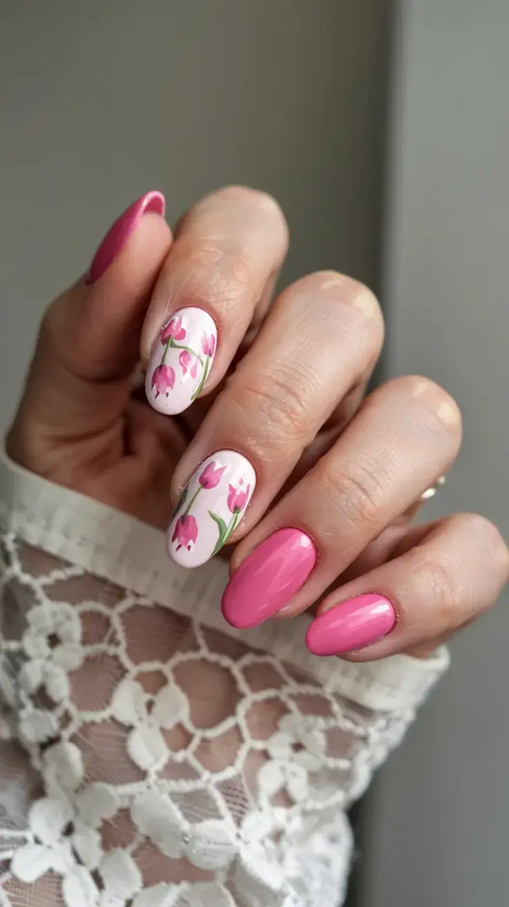 april nails ideas spring 2026 Pink Tulip Accent Nails for a Fresh April Bloom