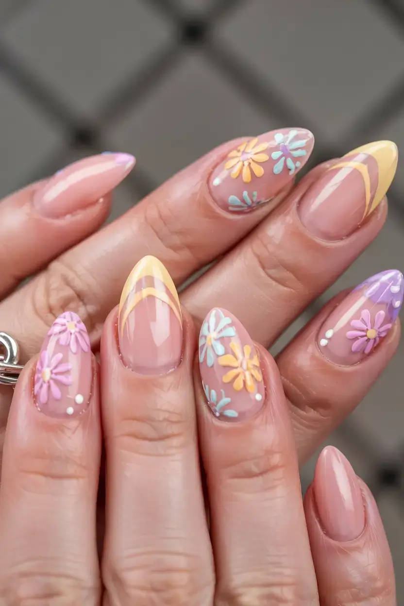 april nails ideas spring 2026 Pastel Garden Party Nails with 3D Floral Accents