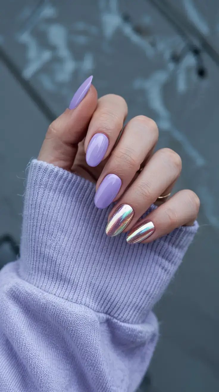 april nails ideas spring 2026 Lavender Chrome Accent Nails with Iridescent Shine