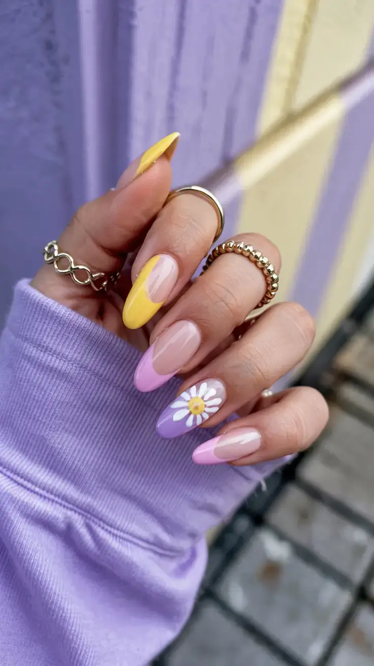 april nails ideas spring 2026 Sunny Daisy Accent Nails with Soft Pastel French Tips