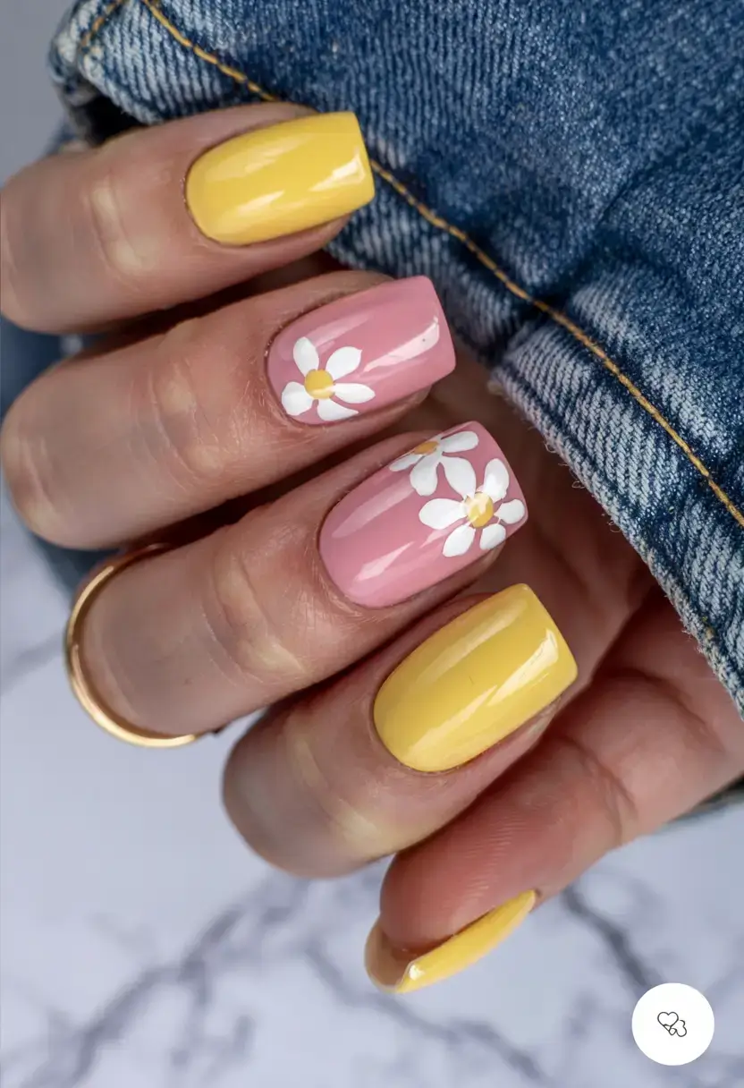 april nails ideas spring 2026 Yellow and Pink Daisy Nails for a Bright Spring Mood