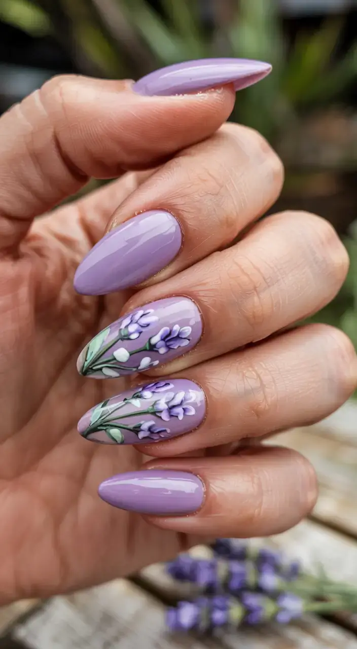 april nails ideas spring 2026 Lavender Botanical Nails with Hand-Painted Spring Florals