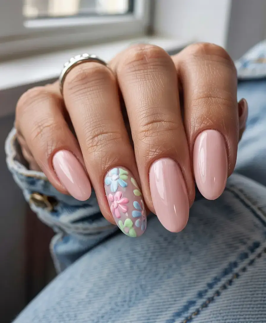 april nails ideas spring 2026 Glossy Blush Nails with Soft Pastel Flower Art