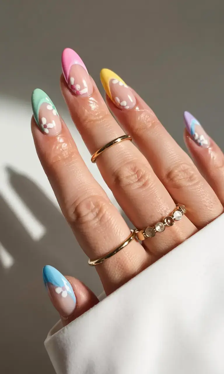 april nails ideas spring 2026 Rainbow Pastel French Tips with Tiny Floral Accents