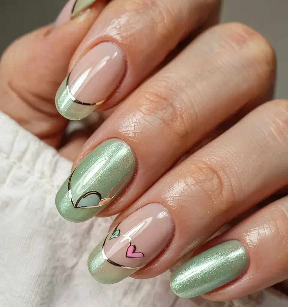 april nails ideas spring 2026 Mint Green French Tips with Minimal Heart Details