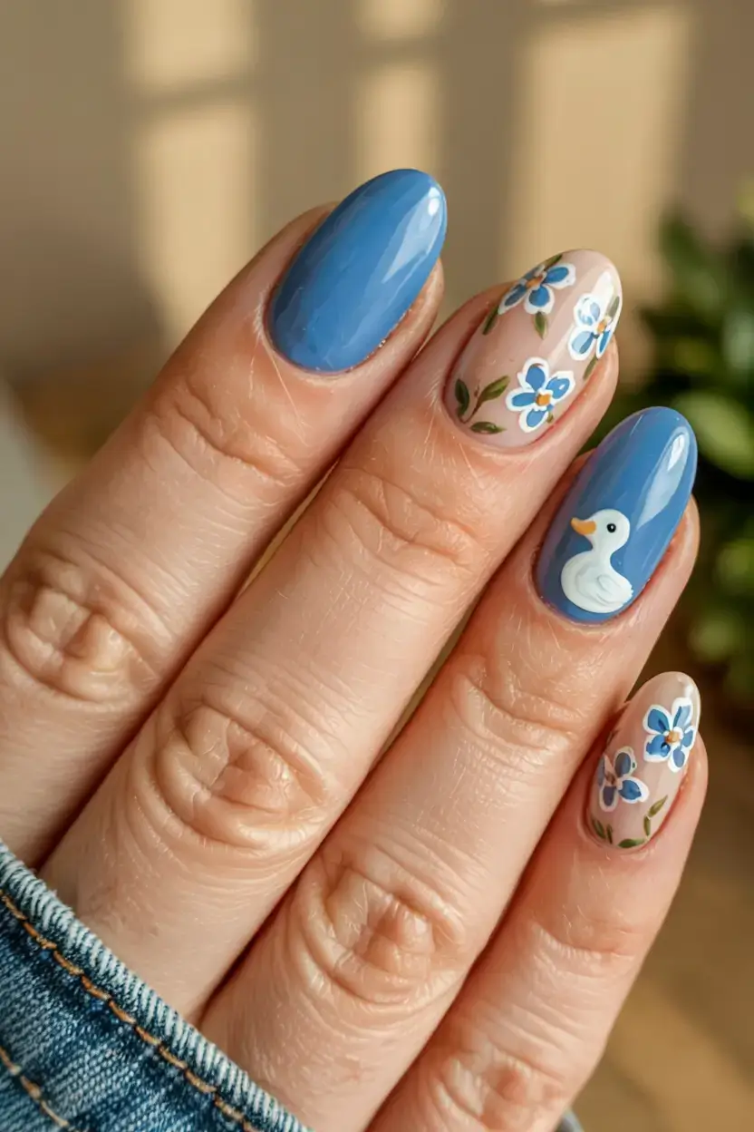 april nails ideas spring 2026 Playful Blue Spring Nails with Tiny Daisy and Duck Art