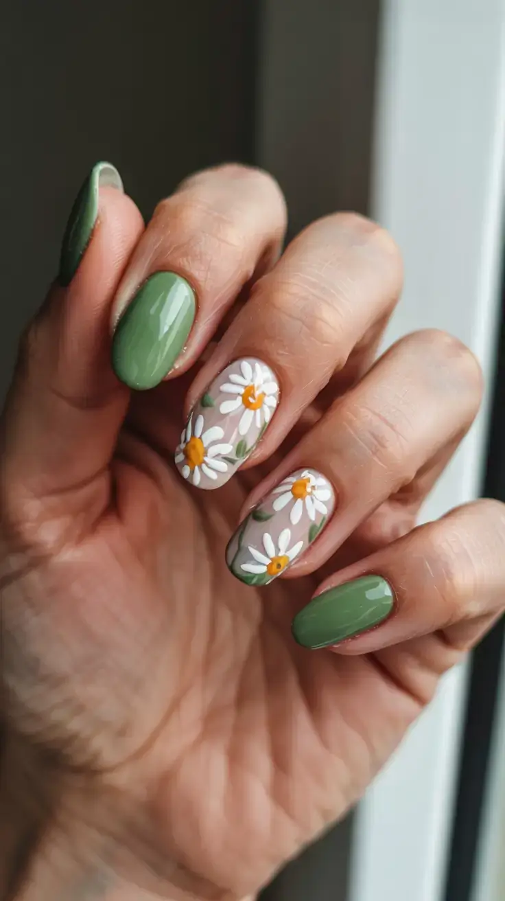 april nails ideas spring 2026 Fresh Daisy Garden Nails with Soft Olive Green