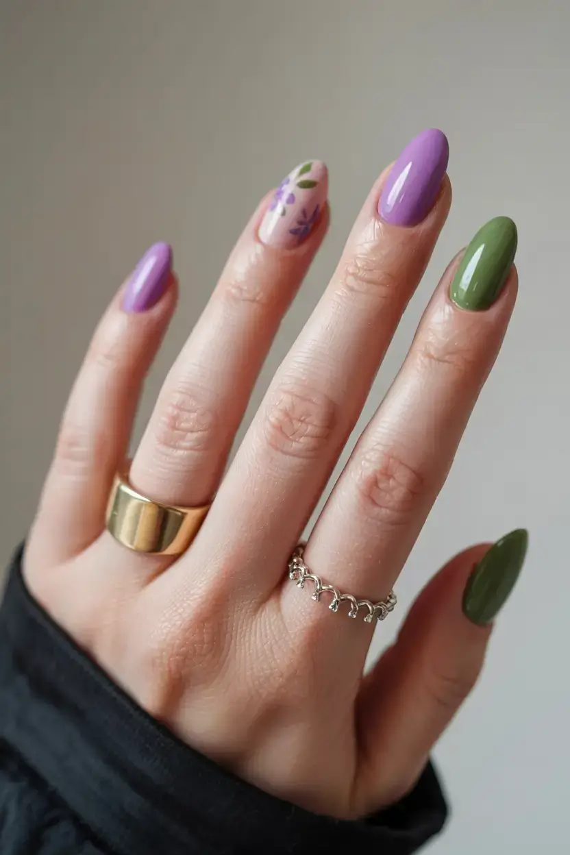 april nails ideas spring 2026 Lavender and Moss Colorblock Nails with Delicate Floral Accent