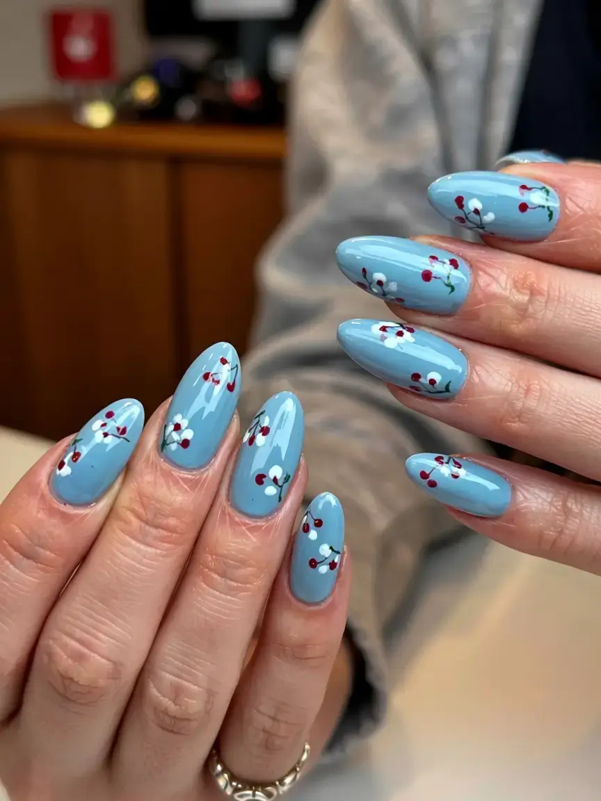 april nails ideas spring 2026 Powder Blue Nails with Minimal Cherry Blossom Details