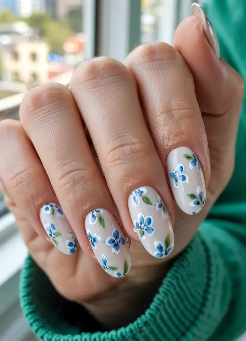 april nails ideas spring 2026 Soft Beige Nails with Blue Spring Meadow Florals