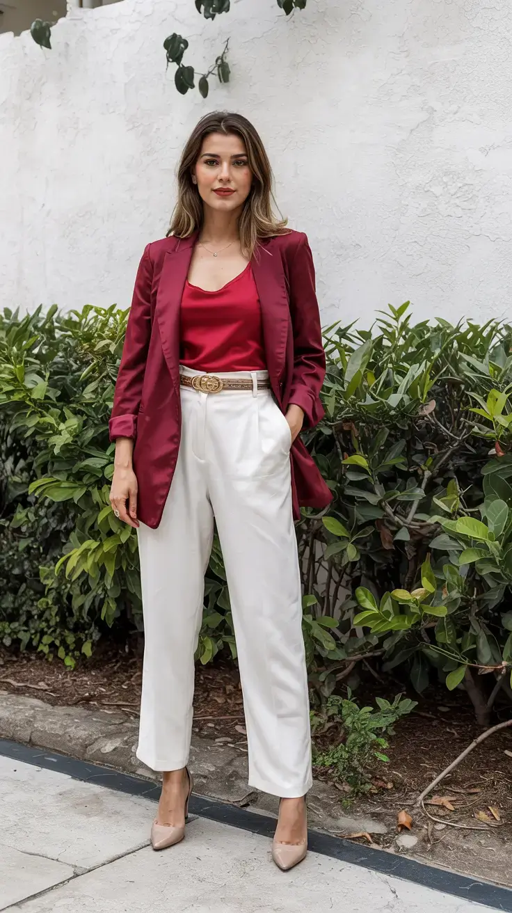 april outfits ideas spring 2026 Bold Red Blazer and Tailored Trousers for Confident Spring Energy