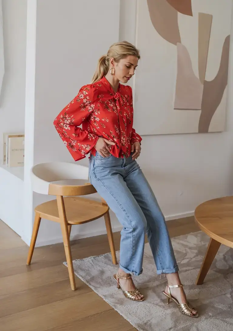 april outfits ideas spring 2026 Statement Floral Blouse and Classic Denim for Spring Elegance