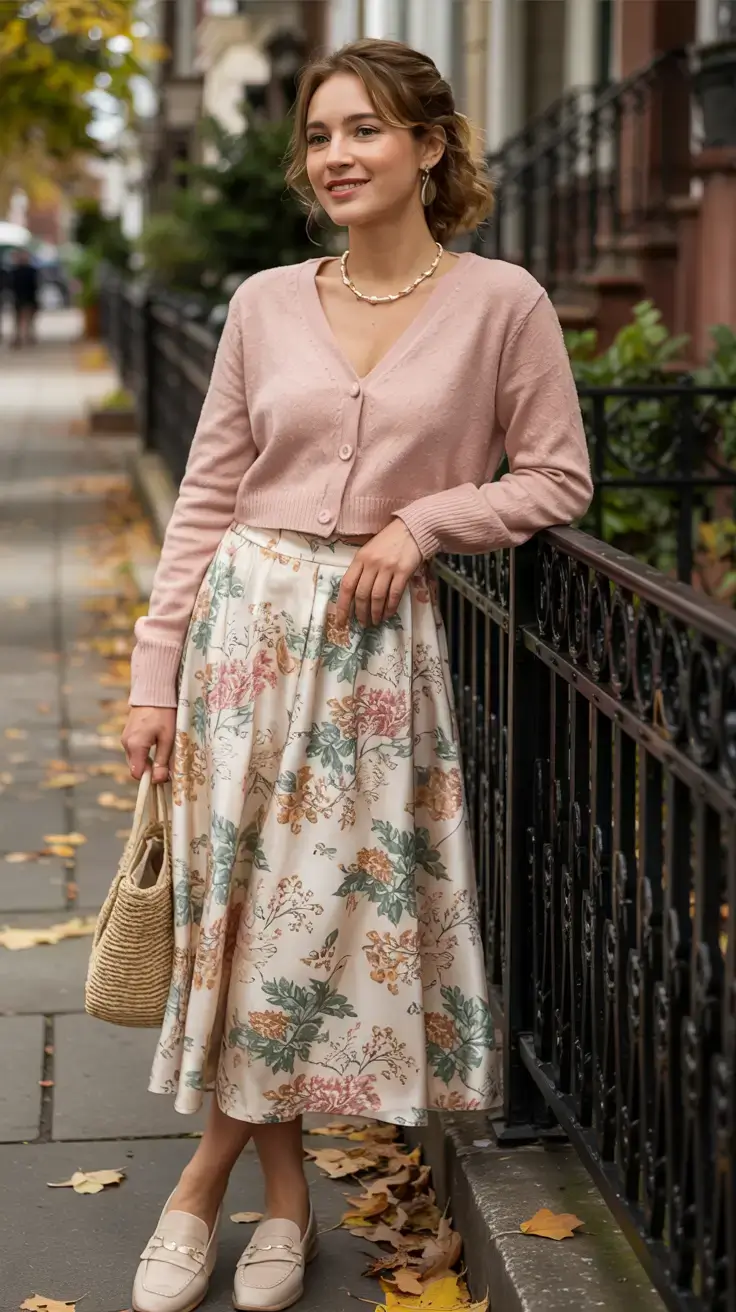 april outfits ideas spring 2026 Soft Pink Cardigan and Floral Midi Skirt for Romantic Spring Days