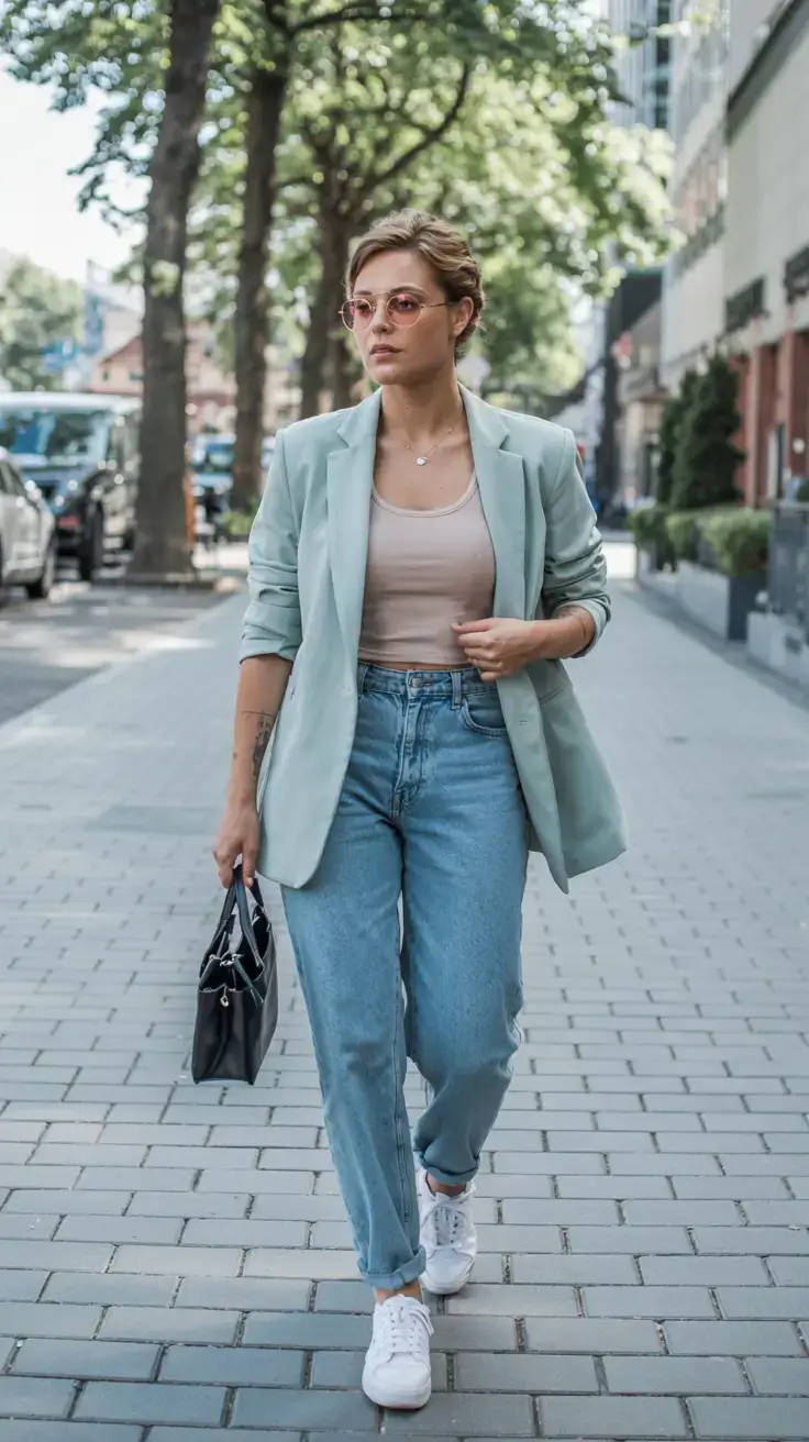 april outfits ideas spring 2026 Pastel Blazer and Denim for Modern Street Style