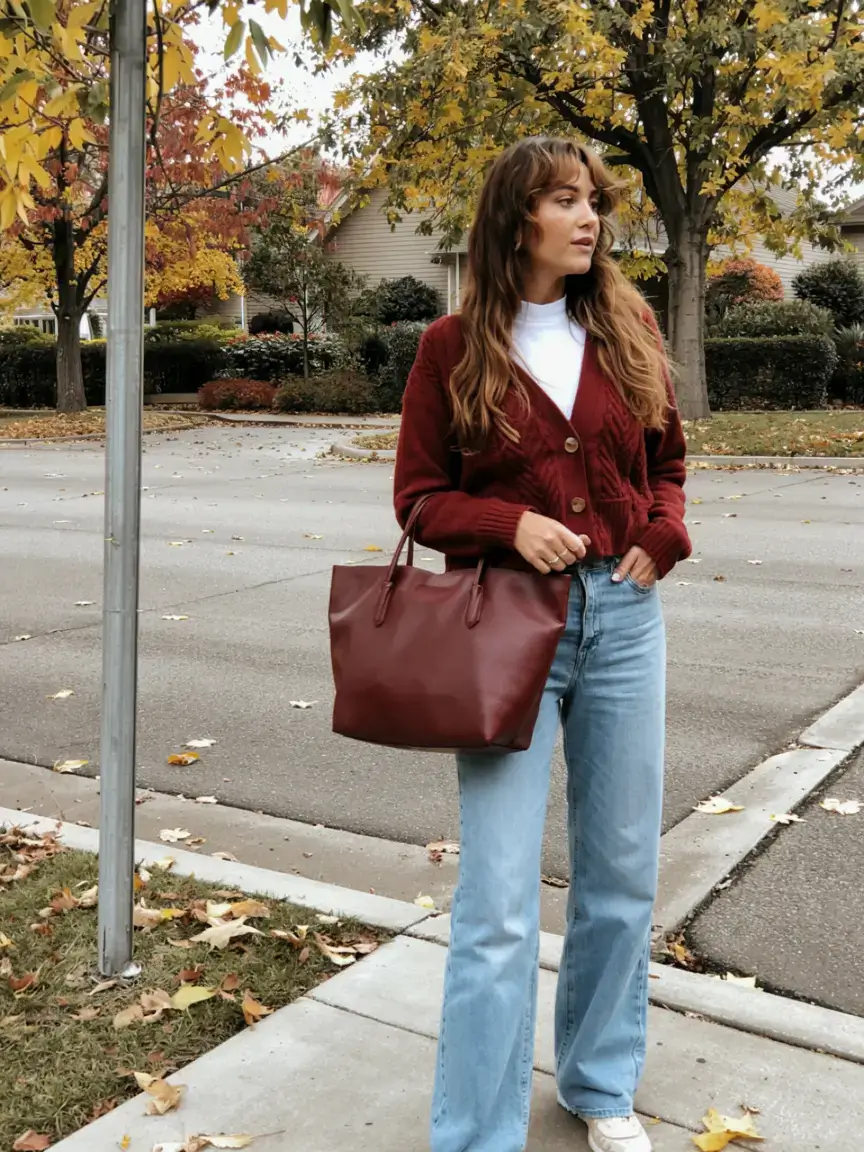 april outfits ideas spring 2026 Burgundy Cardigan and Relaxed Denim for Cozy Spring Layers