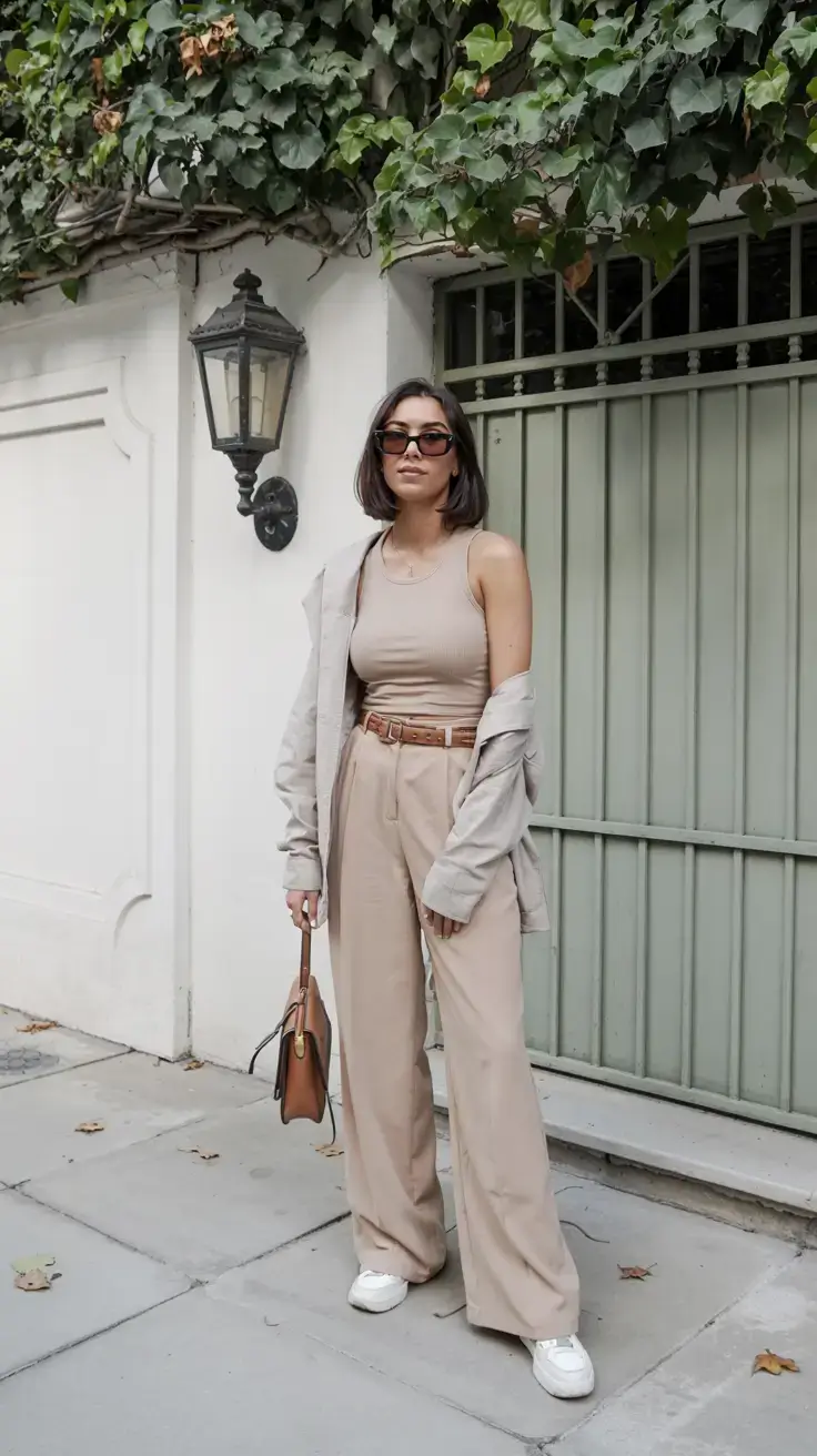 april outfits ideas spring 2026 Neutral Tank and Wide-Leg Trousers for Effortless Elegance
