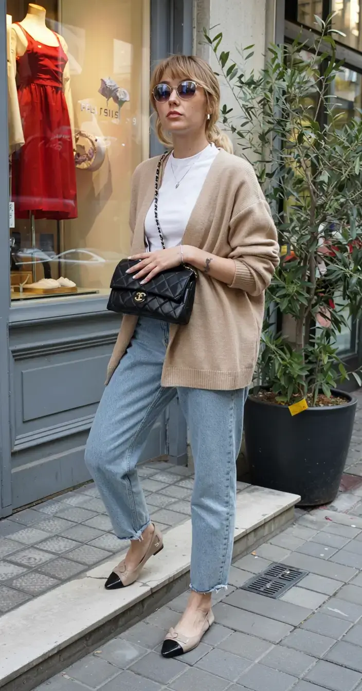 april outfits ideas spring 2026 Beige Cardigan and Relaxed Denim for Effortless City Style