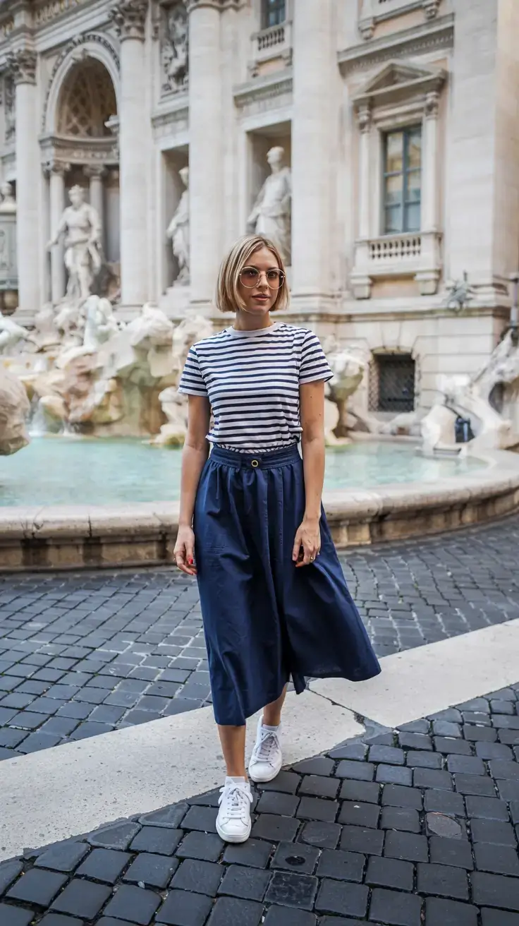 april outfits ideas spring 2026 Striped Tee and Midi Skirt for European Spring Charm