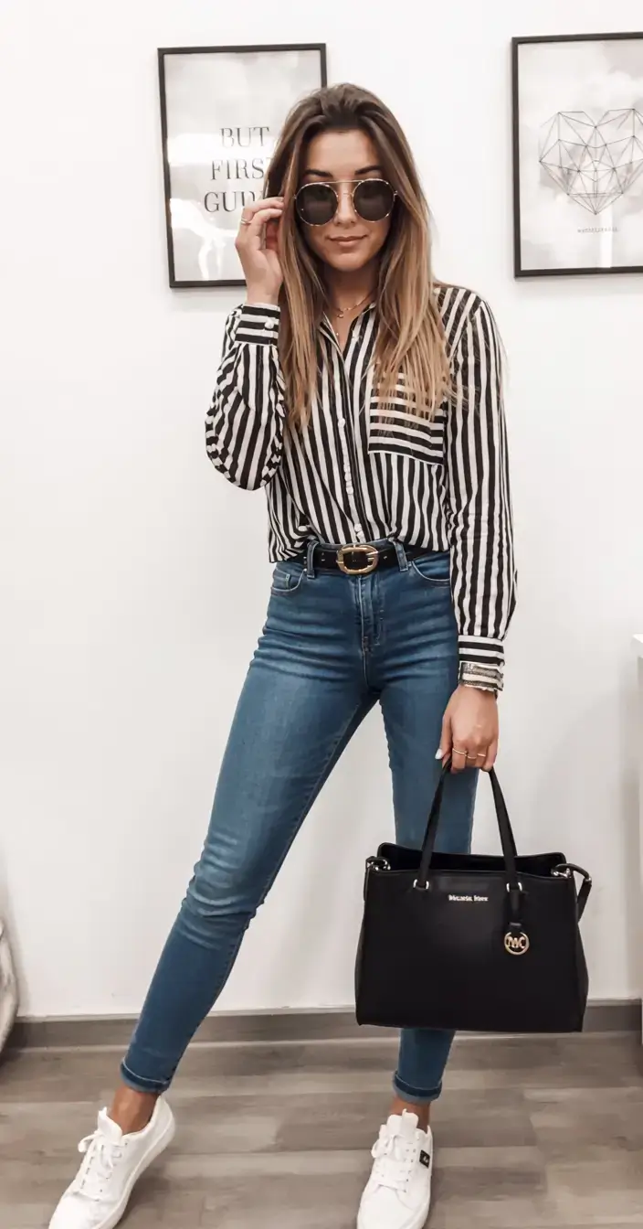 april outfits ideas spring 2026 Statement Striped Shirt and Skinny Jeans for Everyday Chic