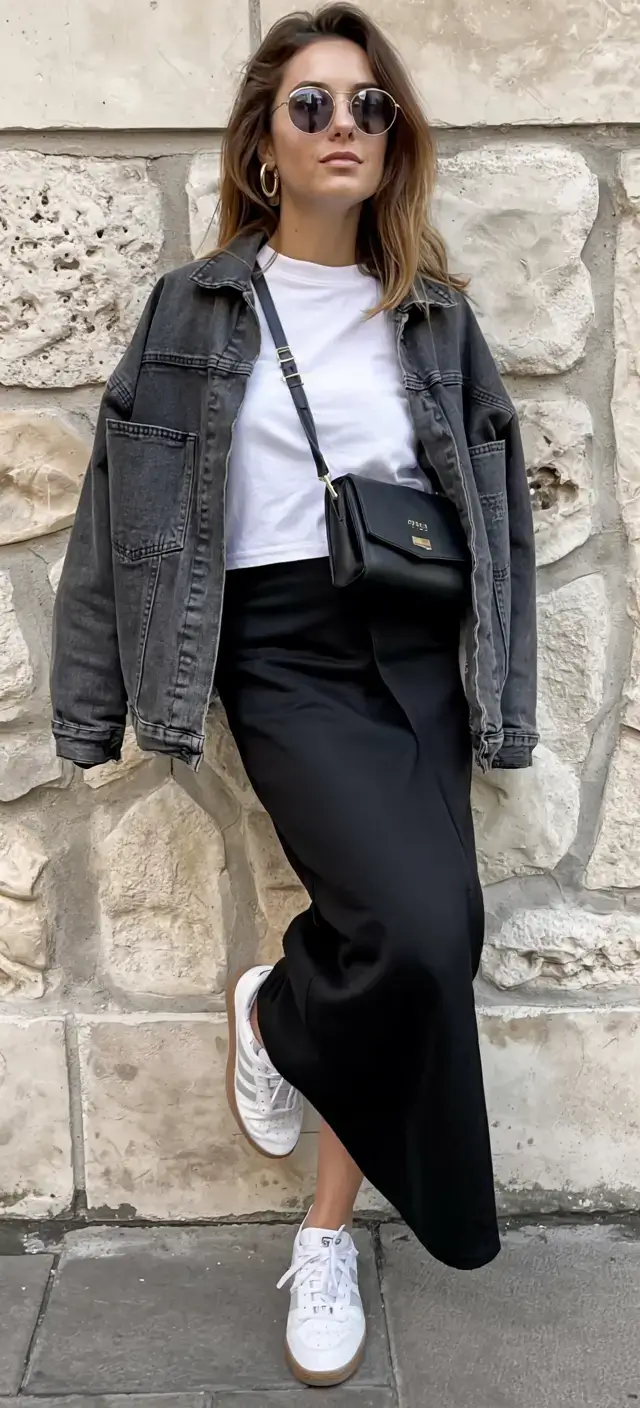 april outfits ideas spring 2026 Black Satin Skirt and Denim Jacket for Urban Contrast
