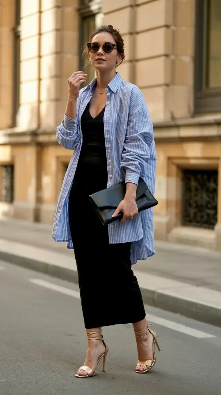 april outfits ideas spring 2026 Oversized Striped Shirt and Black Dress for Modern Layering