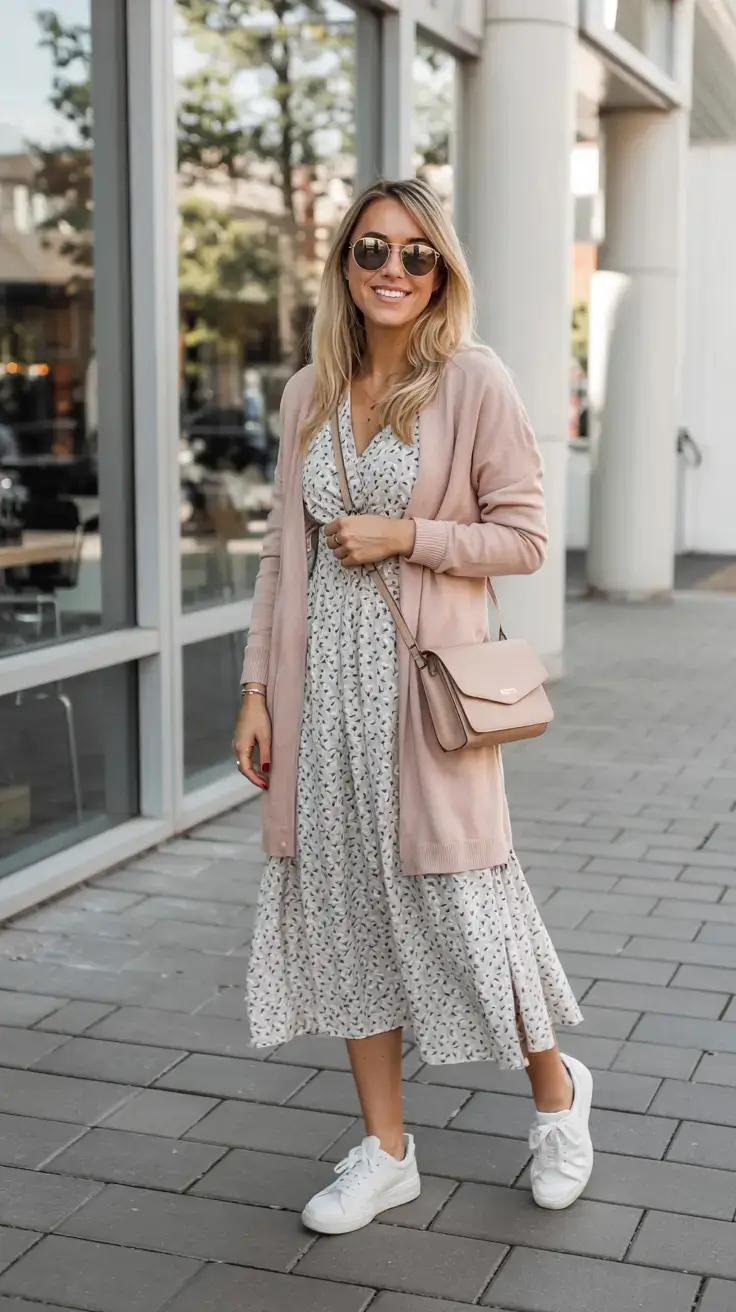 april outfits ideas spring 2026 Soft Cardigan and Printed Dress for Easy Spring Comfort