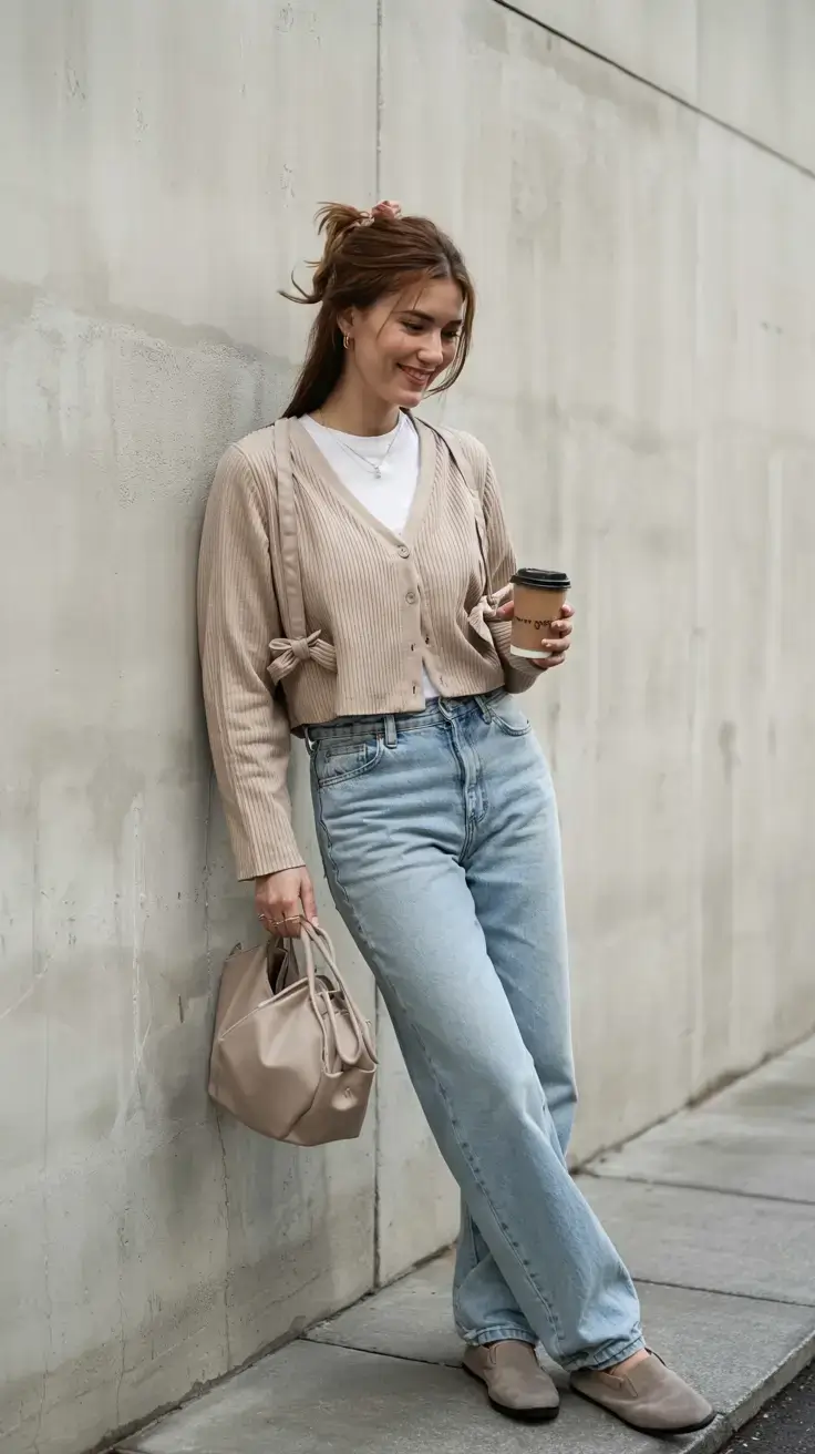 april outfits ideas spring 2026 Cropped Cardigan and Straight Denim for Casual Spring Style