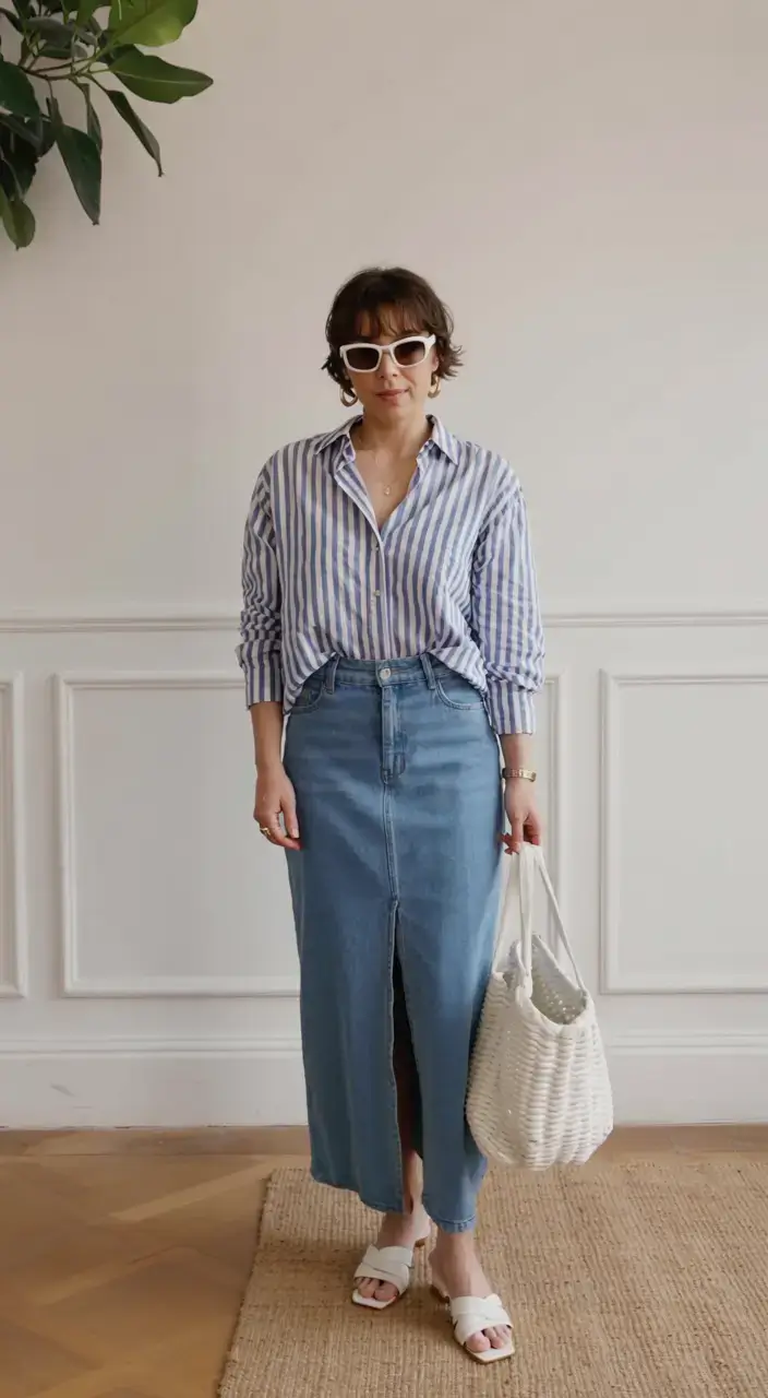 april outfits ideas spring 2026 Striped Shirt and Denim Skirt for Classic Spring Simplicity