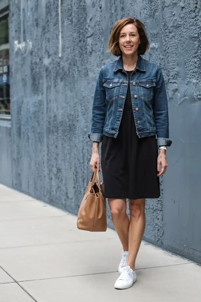 april outfits ideas spring 2026 Denim Jacket and Little Black Dress for Easy April Days