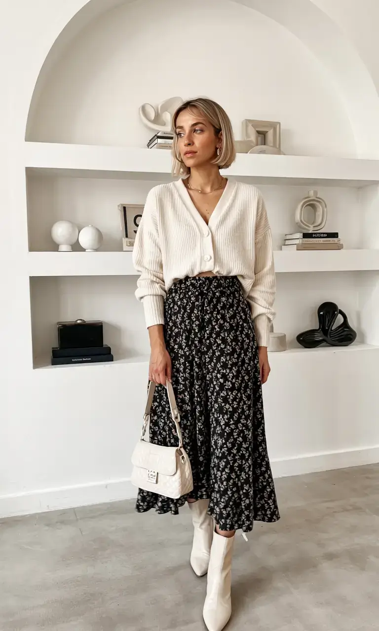 april outfits ideas spring 2026 Soft Cardigan and Floral Midi Skirt for Feminine Spring Charm