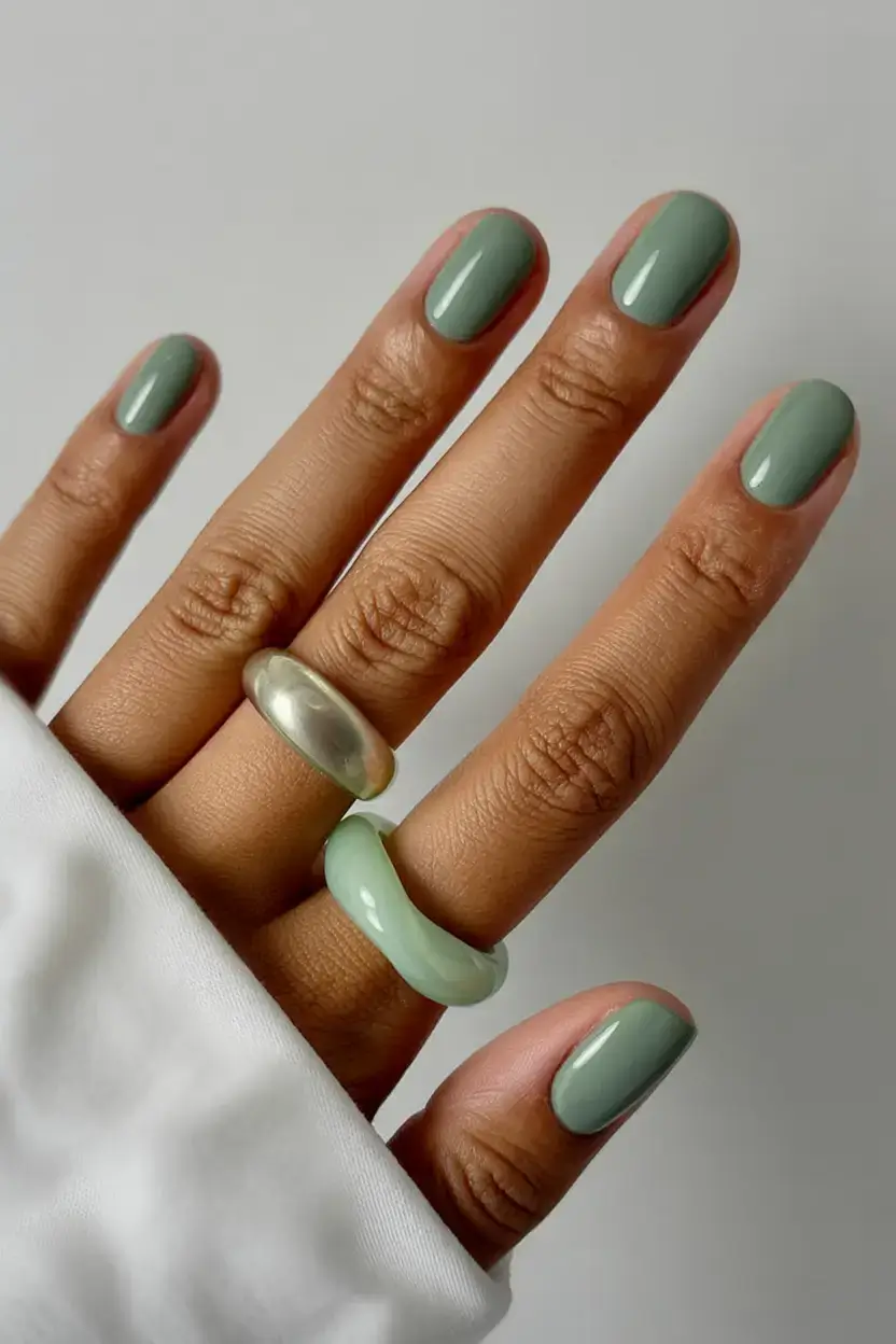 beautiful spring aura nails 2026 Muted Sage Green Nails with Minimalist Spring Aura
