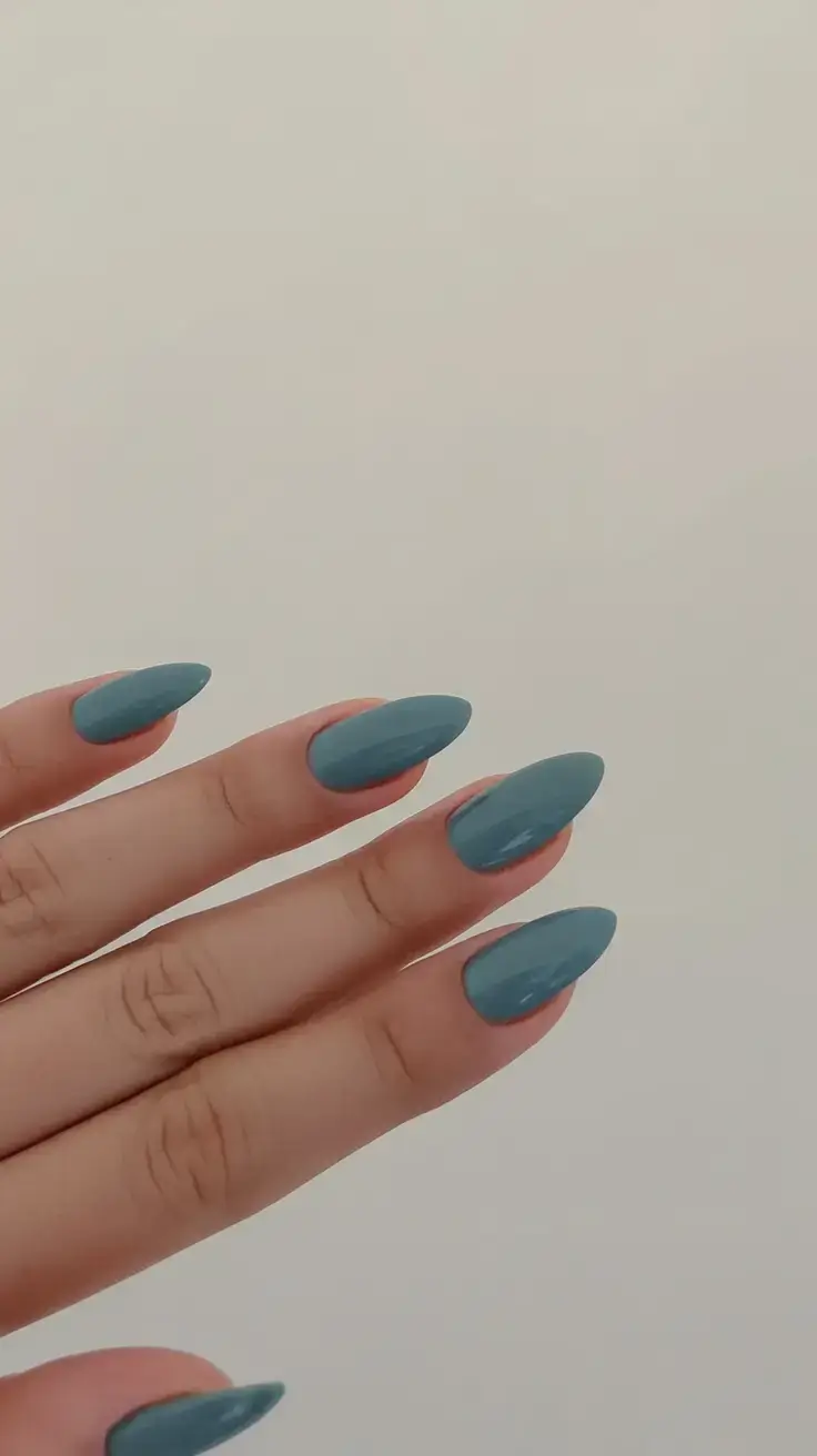 beautiful spring aura nails 2026 Dusty Teal Almond Nails for a Calm Modern Look