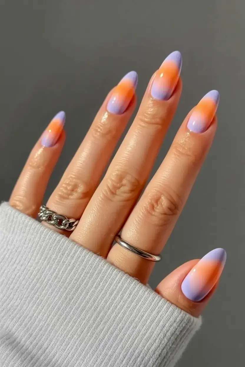 beautiful spring aura nails 2026 Lavender and Sunset Orange Aura Blend for a Dreamy Spring Look