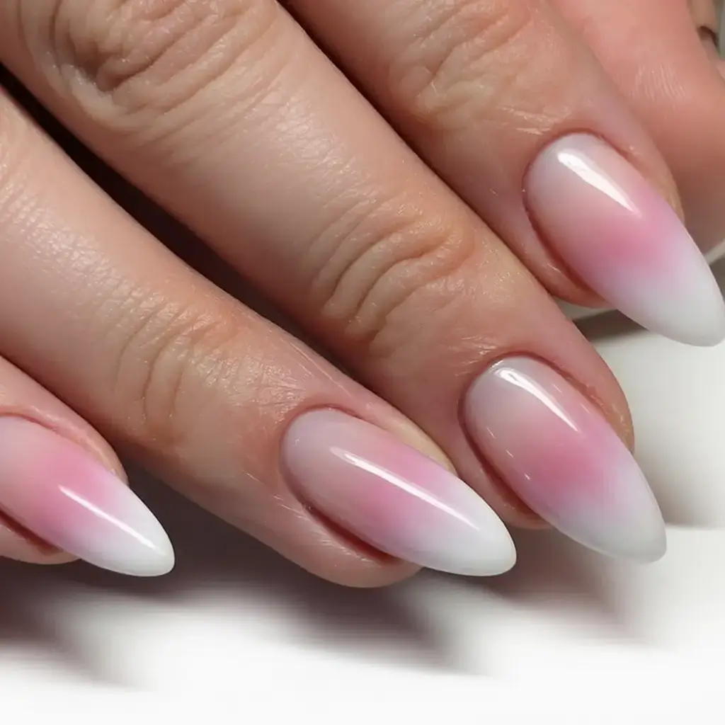 beautiful spring aura nails 2026 Milky Pink Aura Fade for a Clean Minimal Look