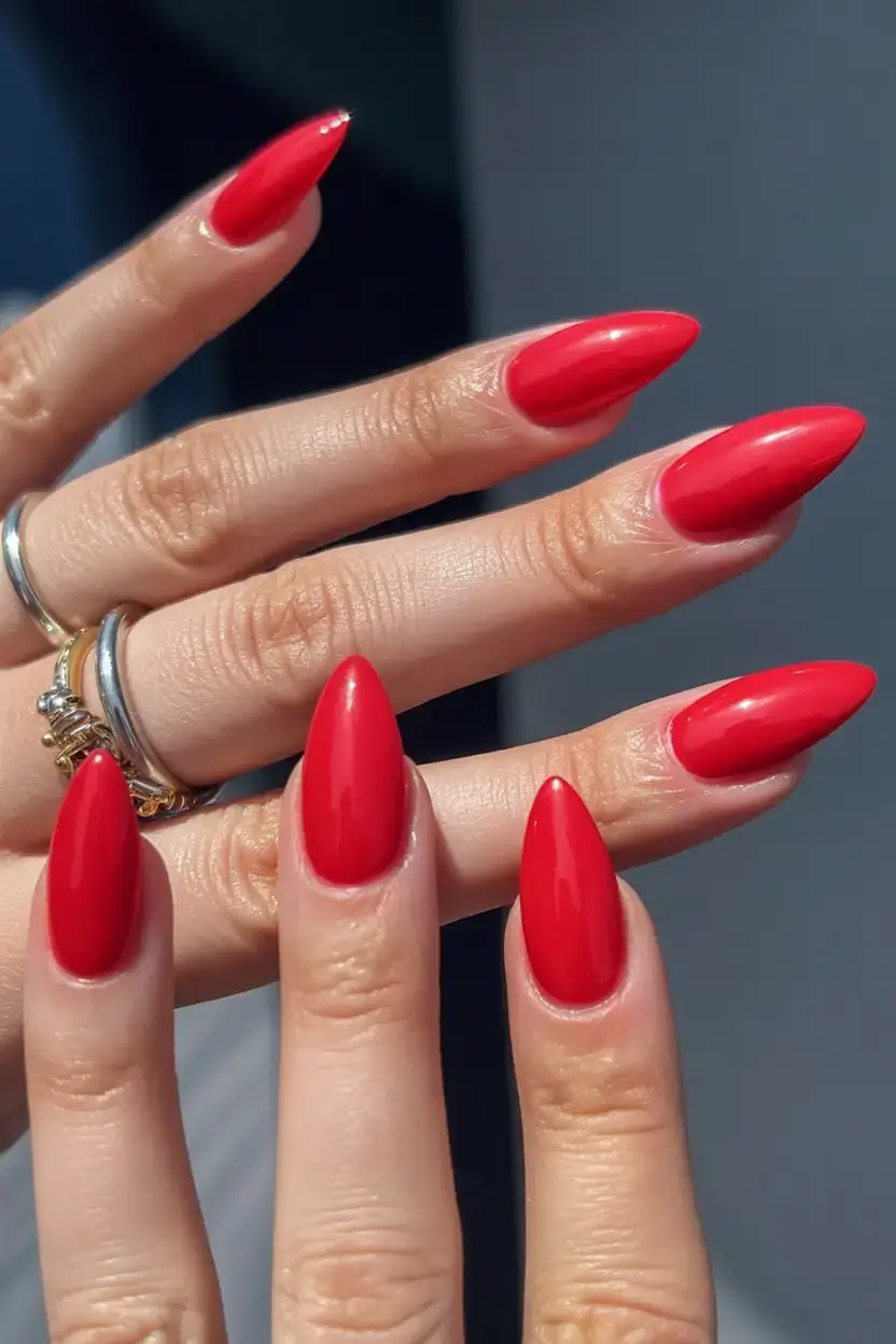 beautiful spring aura nails 2026 Classic Cherry Red Almond Nails for Bold Spring Energy