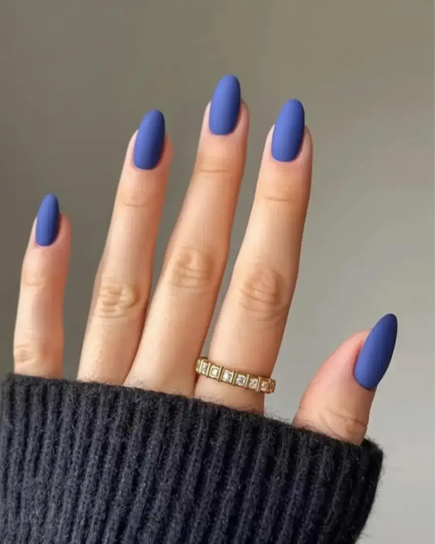 beautiful spring aura nails 2026 Matte Indigo Almond Nails with a Quiet Spring Aura