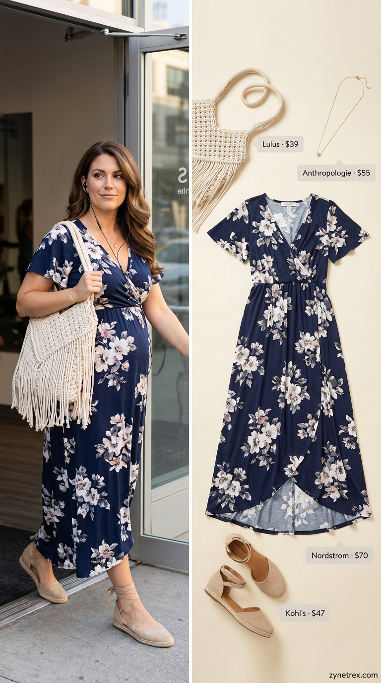Boho Bump Bliss: Casual Maternity Summer Outfits 2026 A feminine navy blue floral maternity maxi dress with blush pink accents, espadrille sandals, and a macrame bag for casual maternity summer outfits 2026.